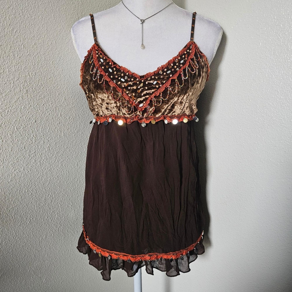 Caramel Fashion Brown Velvet Beaded Coin Babydoll Camisole Top Y2K Boho - Picture 2 of 6